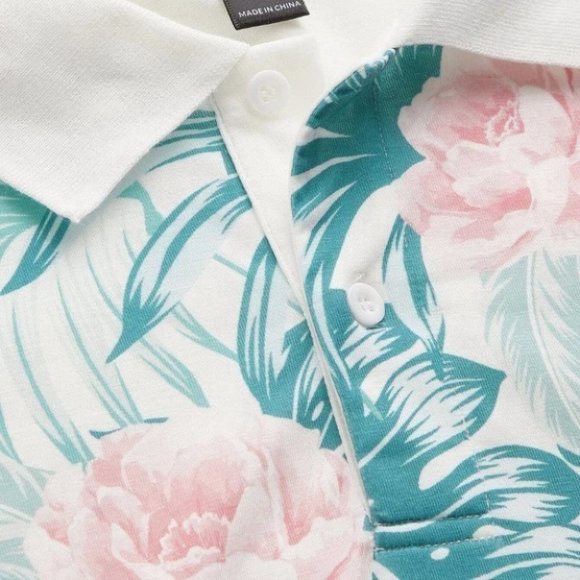 Casual White Men's Tropical Print Polo Shirt - Picture 3 of 4